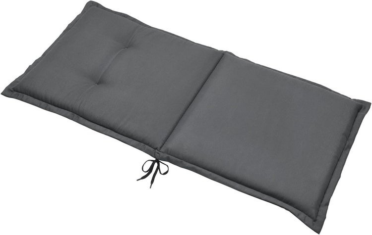 Graue Polsterauflage für Gartenliegen mit Haltebändern, zwei Segmente, Stoffmaterial.