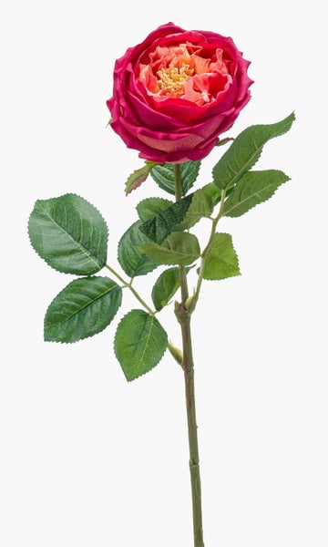 Künstliche Rose mit rosa Blüte, orangefarbener Mitte und grünen Blättern an einem langen Stiel.