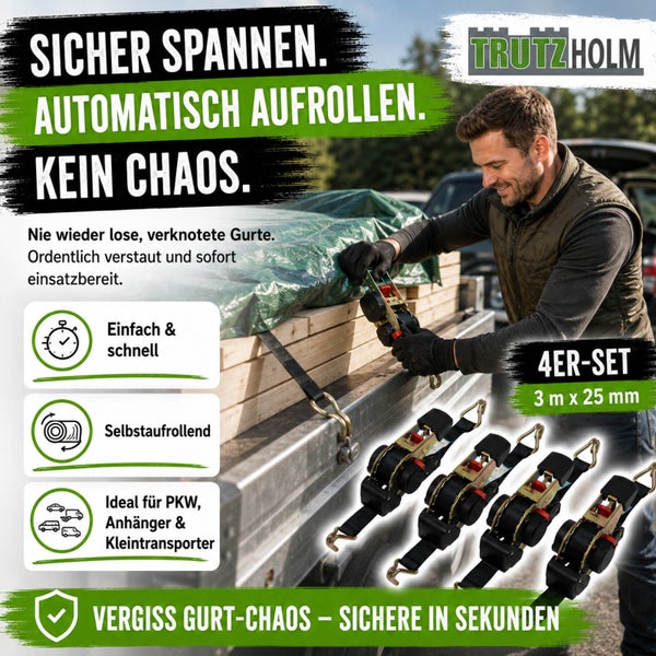 Trutzholm Set aus vier selbstaufrollenden Spanngurten zur Ladungssicherung auf einem Anhänger