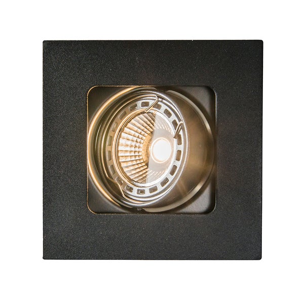 Quadratischer Einbaustrahler in Schwarz mit runder, schwenkbarer Lichtquelle.