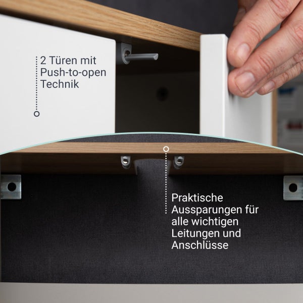 FACKELMANN FINN Badmöbel Set 3 Teile / Waschbecken / Waschbeckenunterschrank / 4 Holzfüße / Badschrank mit Push-to-Open / Korpus & Front: Weiß / Rahmendekor & Füße: Braun hell / Breite: 60 cm