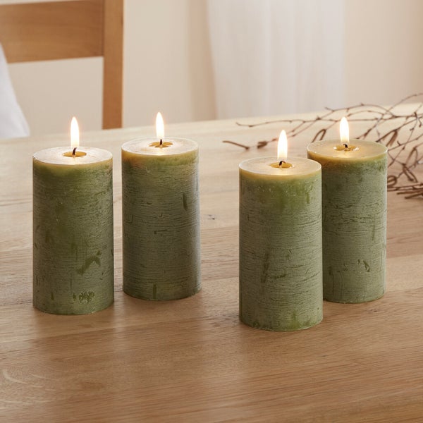 FRANK FLECHTWAREN | Kerze Rustic Green, 4er Set, WACHS, Ø 6 x 12 cm, Brenndauer ca. 40 Stunden