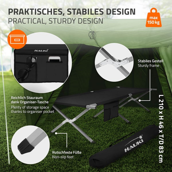 Hauki Campingbett klappbar, Schwarz, 210x83x46 cm, XL Feldbett mit Tragetasche, Seitentasche, Metallrohr, Belastbarkeit bis 150kg, Gästebett tragbar, Outdoor, Campingliege stabil, Klappbett für Reisen