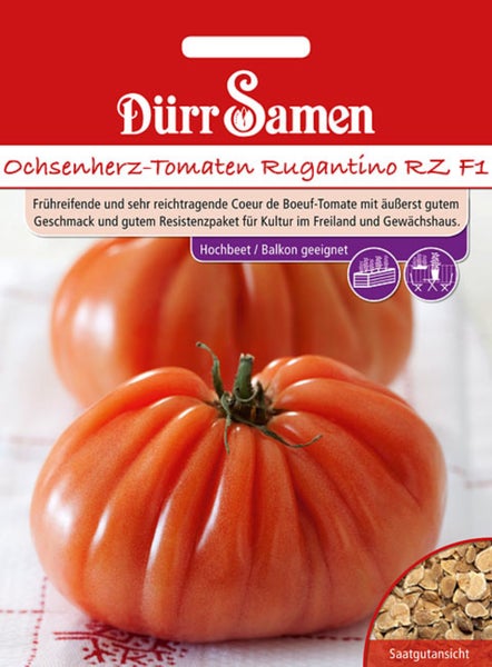 Dürr Samen Samentüte für Ochsenherz-Tomaten Rugantino RZ F1. Abbildung gerippter Tomaten und Samen. Geeignet für Hochbeete und den Balkon.