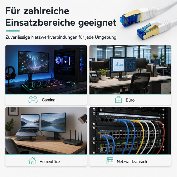 Netzwerkkabel-Einsatzbereiche in Gaming, Büro, Homeoffice und Netzwerkschrank sowie Nahaufnahme der Stecker.