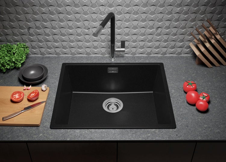 PRIMAGRAN Spülbecken Alles Schwarz 56x47cm, Granitspüle 1 Becken + Ablauf-Set, Küchenspüle ab 60er Unterschrank - London Slim