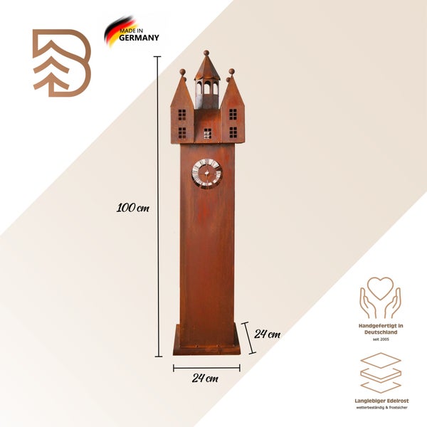 Gartenskulptur Uhrturm aus Metall mit Edelrostoptik, Höhe 100 Zentimeter, handgefertigt in Deutschland.