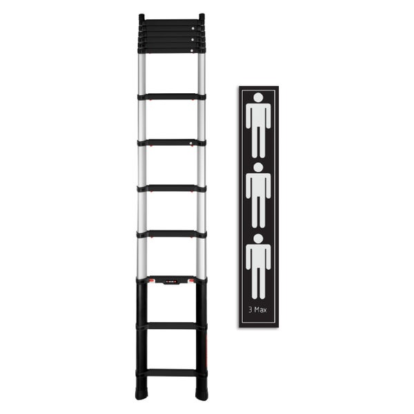Teleskopleiter und Symbol für maximale Belastbarkeit von drei Personen