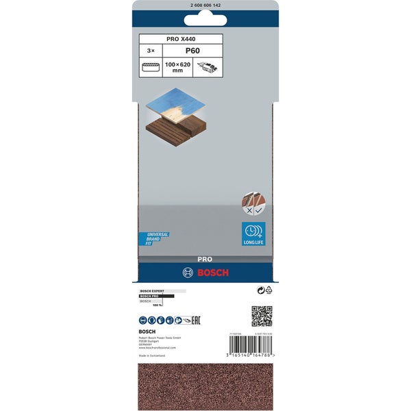 Bosch Pro X440 Schleifband Set, Körnung P60, 100x620mm, Dreierpackung
