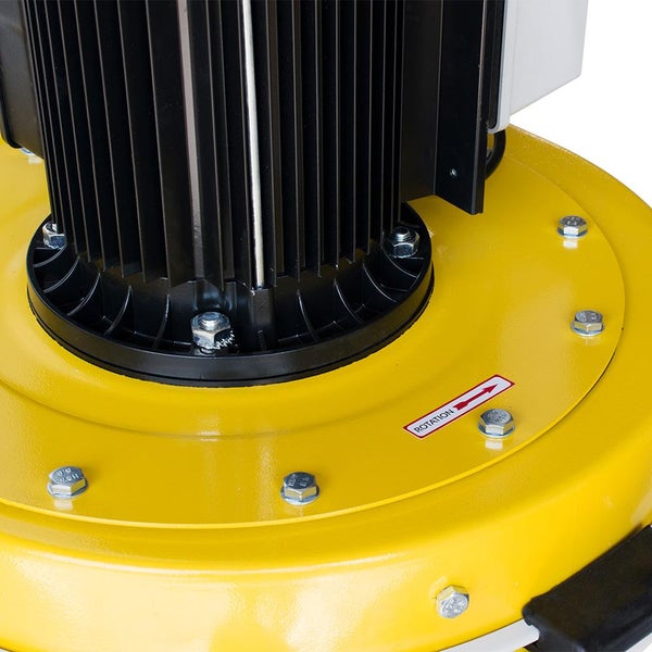 Detailansicht eines gelben Industrieprodukts mit schwarzem Motor und Beschriftung Rotation