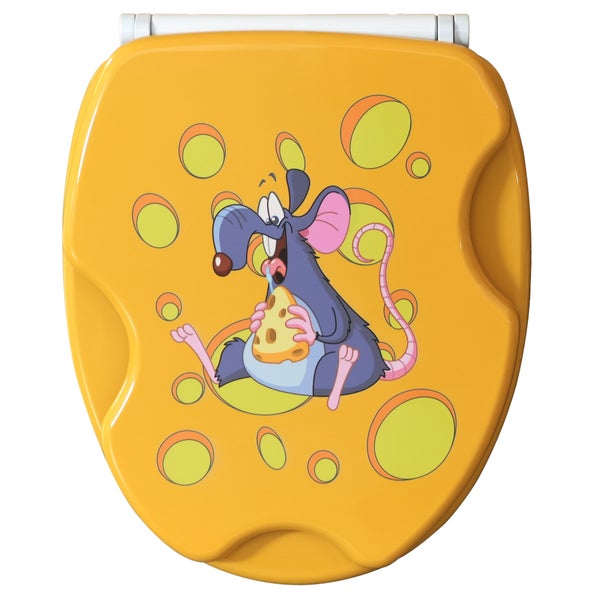 WC-Sitz mit Comic-Ratten-Motiv und Käse-Grafik.