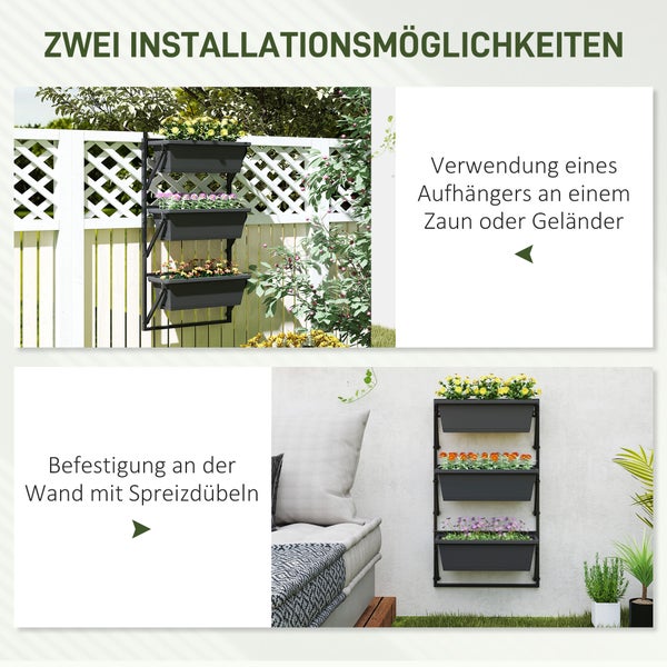 Vertikaler Garten mit drei Pflanzkästen, Darstellung der Montage am Zaun mit Haken und an der Wand mit Spreizdübeln.