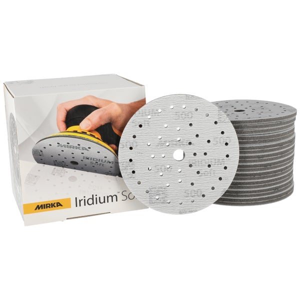Mirka Iridium Soft Schleifscheiben Ø 150 mm / Korn P500 / Klett Multifit / 20 Stück / schaumbasiertes Schleifmittel für präzises Trockenschleifen, Klarlackschliff, Finish
