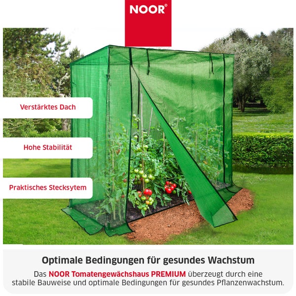 Noor Tomatengewächshaus Premium mit stabilem Stecksystem und verstärktem Dach für optimales Pflanzenwachstum im Garten.