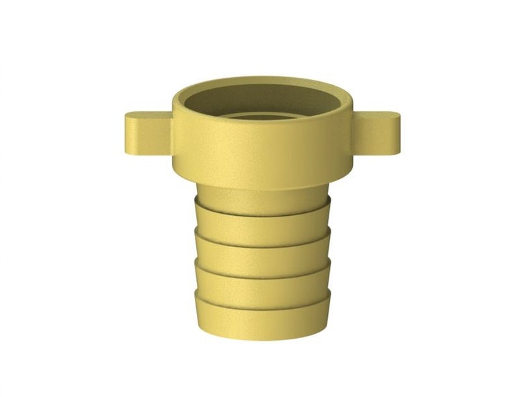 Schlauchverschraubung aus Messing mit Tülle und Flügelmutter.