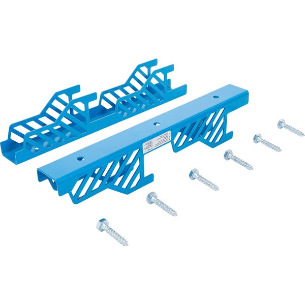 Zwei blaue Wandhalter für Unterstellböcke inklusive sechs Sechskantschrauben.