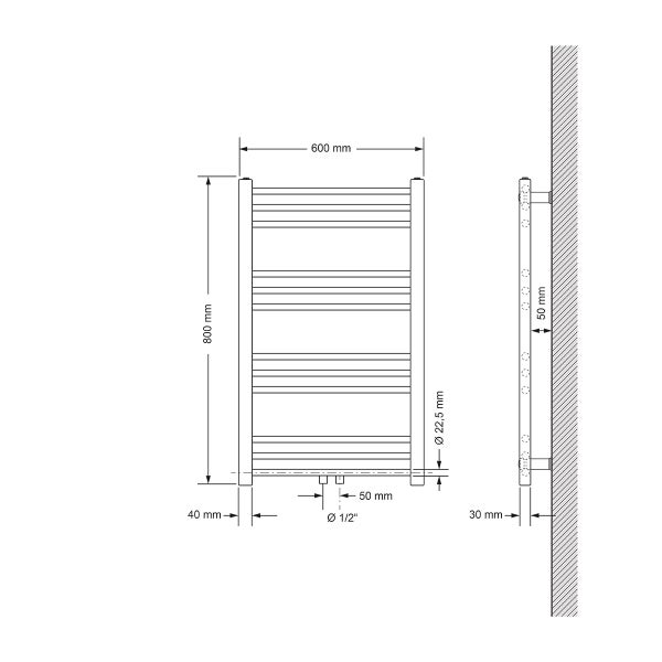 ECD Germany Badheizkörper Mittelanschluss 600 x 800 mm Weiß gerade mit Anschlussgarnitur inkl. Thermostat Durchgang Boden Weiß Heizkörper Heizung Handtuchwärmer Handtuchtrockner Handtuchheizkörper