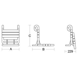 Technische Zeichnung eines wandmontierten Duschsitzes mit Maßen für Breite A, Höhe C, Tiefe offen B und Tiefe eingeklappt 229.