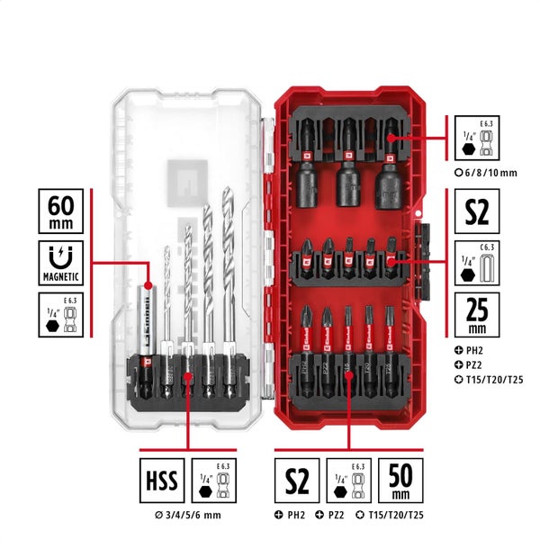 Original Einhell S-CASE 18-tlg. schlagfestes Zubehör-Set (25-mm-Bits, 50-mm-Bits, 60-mm-Bithalter, Steckschlüssel, Metallbohrer inkl. Aufbewahrungsbox)