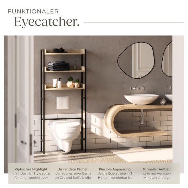 Ein Badregal im Industrial Design aus Metall und Holzoptik, platziert über einer Wandtoilette in einem modernen Badezimmer.
