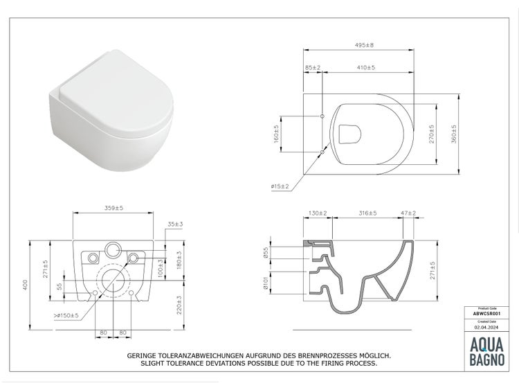 Aqua Bagno Design Hänge-WC ABWCSR001 – Spülrandlos – Keramik – mit Softclose-Sitz