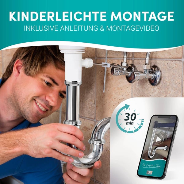 Engelbach® Siphon für Waschbecken 1 1/4 inkl. Gummimanschette mit Montage-Video