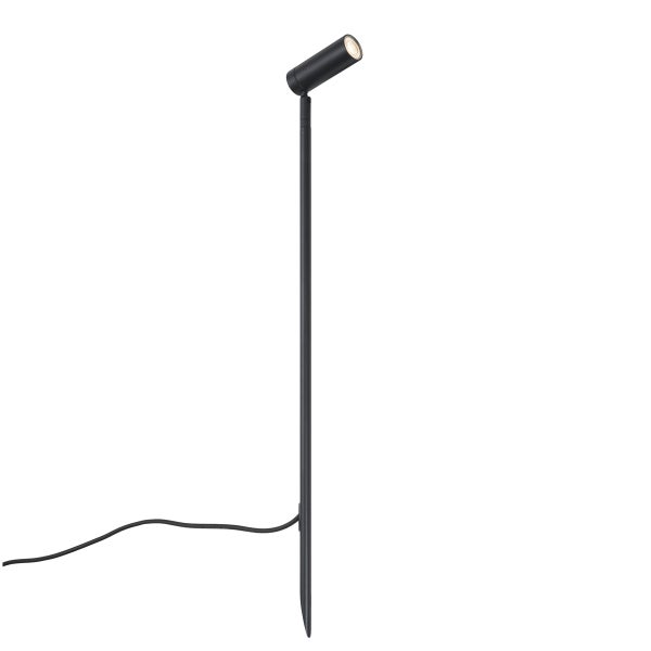 Schwarzer LED-Gartenstrahler mit Erdspieß und zylindrischem Lampenkopf.