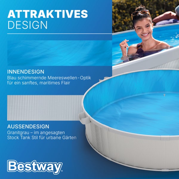 Bestway Aufstellpool in runder Form im Stock Tank Stil mit granitgrauer Außenwand, blauer Meereswellen-Optik und badender Person. Bestway Logo.