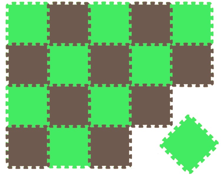 Ineinandergreifende Puzzlematten aus Schaumstoff in Grün und Braun für den Bodenschutz.