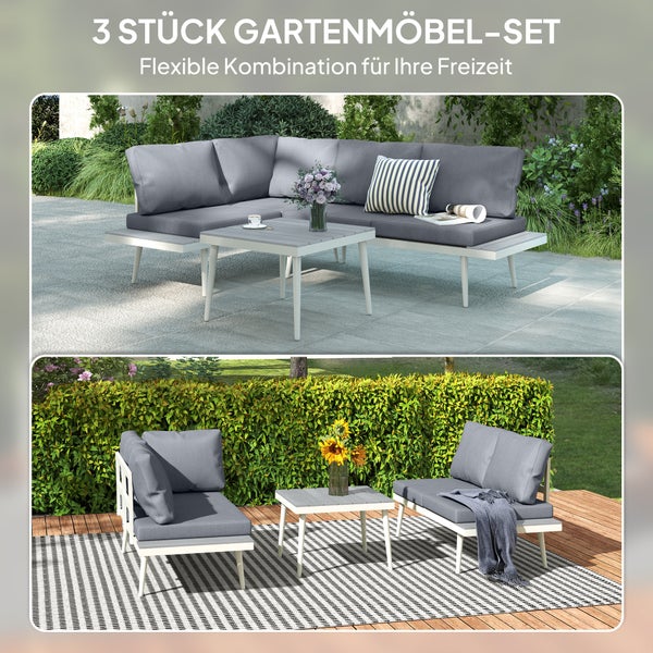 Outsunny Gartenmöbel Set 4 Personen wetterfest Balkonmöbel-Set mit 2er Sofa, Kissen Beistelltisch Stahl Outdoor Sitzgruppe Terrassenmöbel Gartengarnitur Gartenlounge für Garten Terrasse Grau