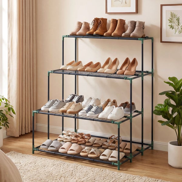 Vierstufiges Schuhregal aus Metall für die organisierte Aufbewahrung von Schuhen in einem hellen und geordneten Zimmer.