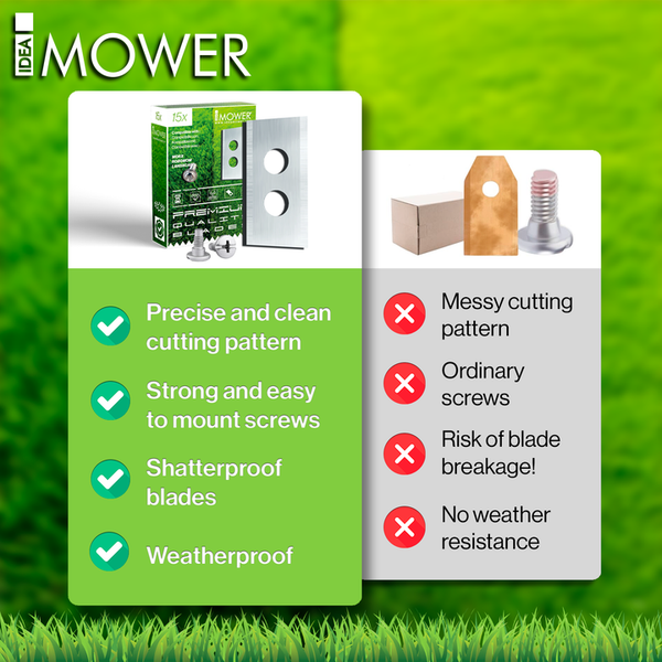 Mähmesser Eigenschaften: präziser Schnitt, stabile Schrauben, bruchsicher und wetterfest.