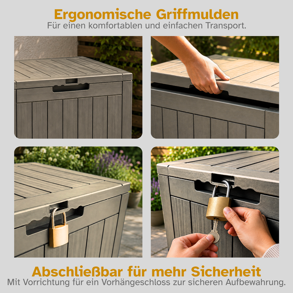 Gartenbox mit ergonomischen Griffmulden für komfortablen Transport und Vorrichtung für ein Vorhängeschloss zur sicheren Aufbewahrung.