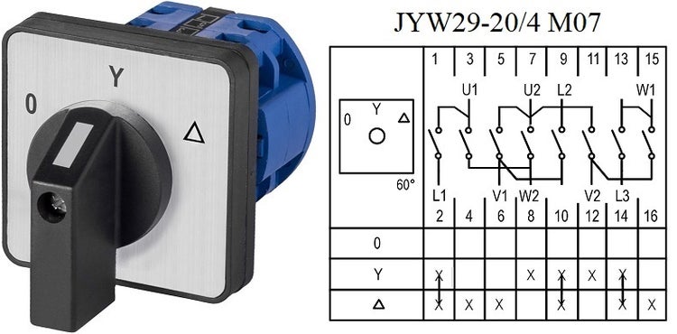 Stern-Dreieck-Schalter JYW29-20/4 M07 mit schwarzem Drehknopf, Frontplatte und elektrischem Schaltplan.