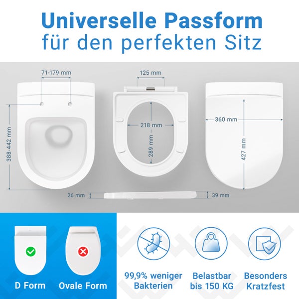Maßzeichnung eines weißen WC-Sitzes in D-Form mit Millimeter-Angaben, 150 Kilogramm Belastbarkeit, antibakteriell und kratzfest.