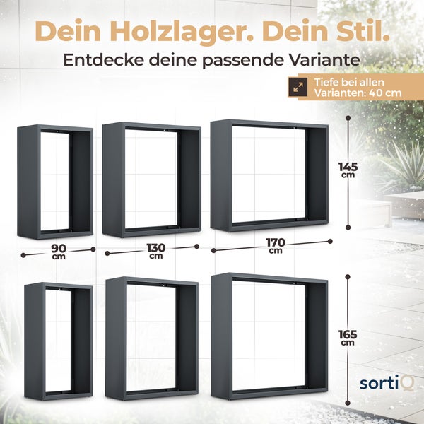 Übersicht verschiedener sortiQ Holzlager: Breiten 90, 130, 170 Zentimeter, Höhen 145 und 165 Zentimeter. Tiefe 40 Zentimeter. sortiQ Logo.