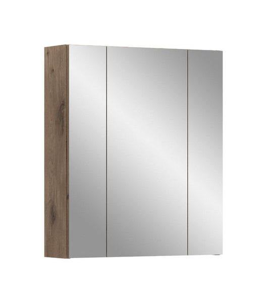 Spiegelschrank für das Badezimmer mit drei Spiegeltüren und Korpus in Eichenoptik.