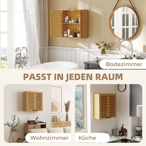 Wandschrank aus Bambus mit Lamellentüren, dargestellt in Badezimmer, Wohnzimmer und Küche. Vielseitiger Hängeschrank aus Naturholz.