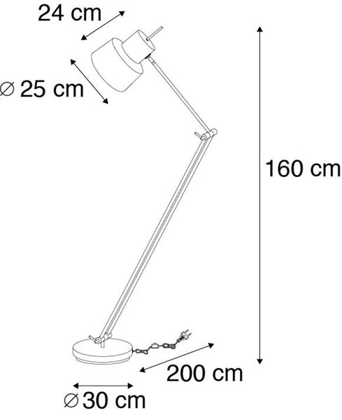 Technische Zeichnung einer Stehlampe mit den Maßen 160 cm Höhe, 25 cm Lampenschirmdurchmesser, 24 cm Lampenschirmtiefe, 30 cm Basisdurchmesser und 200 cm Kabellänge.