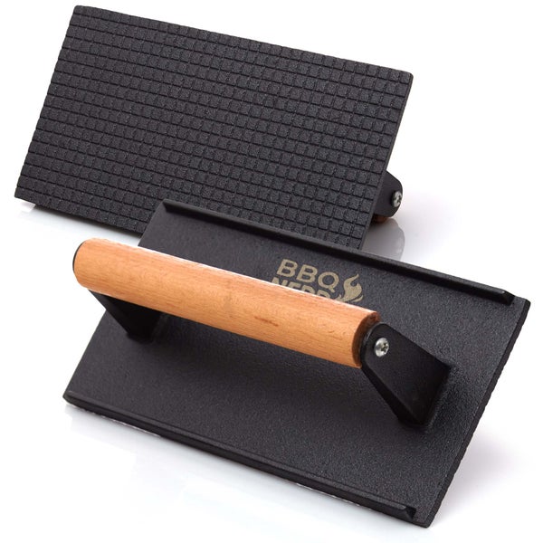 BBQ Nerd© Fleischpresse aus Gusseisen mit Holzgriff - 21x11 cm rechteckig | Fleischbeschwerer Burgereisen Grillpresse | Grillgewicht für BBQ Fleisch, Steak, Bacon, Käse, Sandwiches etc.