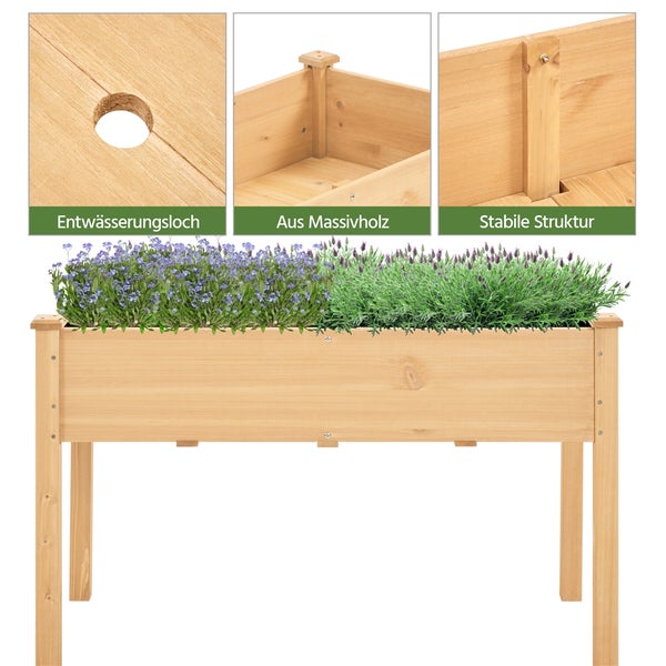 Hochbeet aus Holz mit Pflanzen, Detailaufnahmen von Entwässerungsloch, Massivholz und stabiler Struktur.