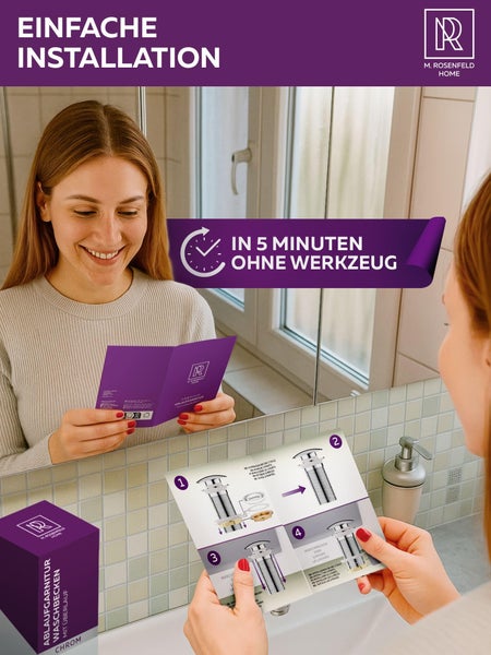 Frau betrachtet Montageanleitung für ein Waschbecken Ablaufgarnitur von M. Rosenfeld Home im Badezimmer