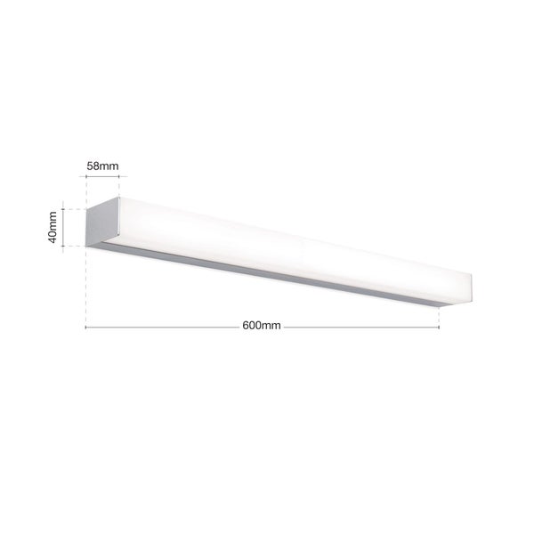 Längliche LED Spiegelleuchte mit Maßen 600 Millimeter mal 58 Millimeter mal 40 Millimeter für Badezimmer.