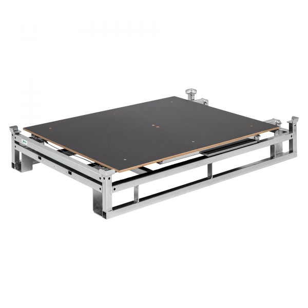 Verstellbare Bühnenpodest mit Metallrahmen und schwarzer Holzplatte