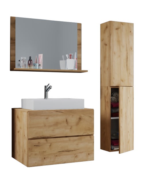 Modernes Badezimmermöbel-Set in Eichenoptik mit Waschtischunterschrank, Aufsatzwaschbecken, Spiegel mit Ablage und hohem Seitenschrank.