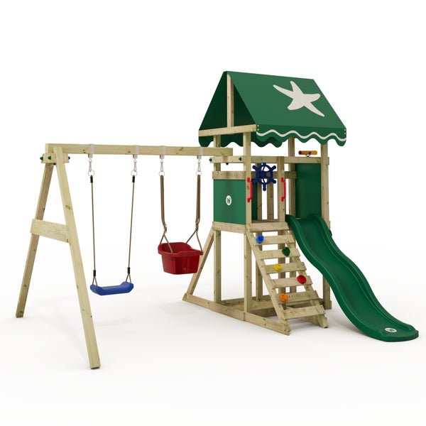 WICKEY Spielturm Klettergerüst DinkyStar mit Schaukel und Rutsche, Kletterturm mit Sandkasten, Leiter und Spiel-Zubehör – grün