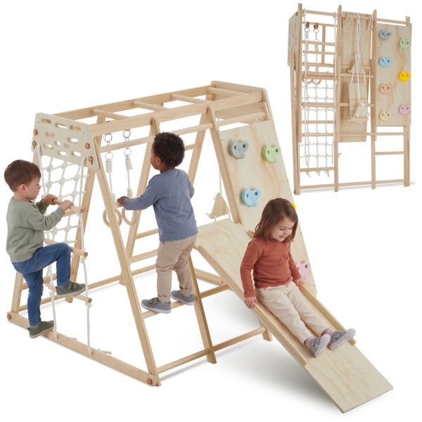 Klettergerüst für Kinder aus Holz mit Rutsche, Kletternetz und Kletterwand, montiert als Spielturm oder Sprossenwand für den Innenbereich.