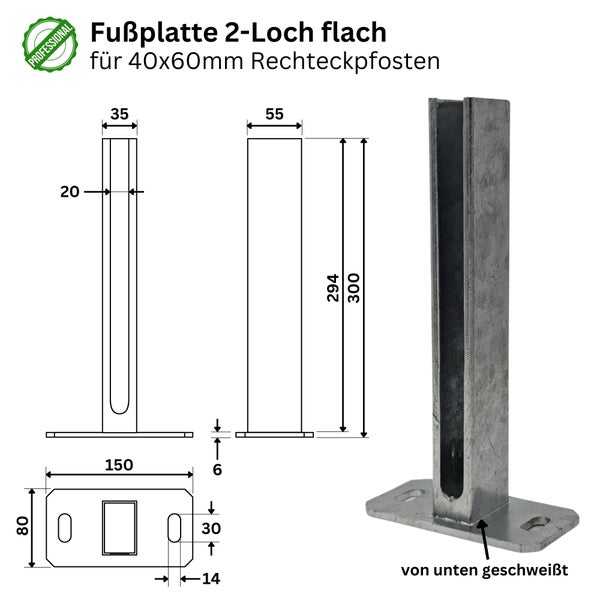 Fußplatte mit zwei Löchern flach für Rechteckpfosten 40x60 Millimeter mit Maßangaben