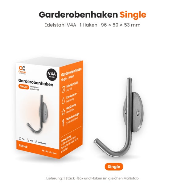Garderobenhaken Single aus gebürstetem Edelstahl V4A, 96 mal 50 mal 53 Millimeter, inklusive Produktverpackung mit Montagehinweisen.