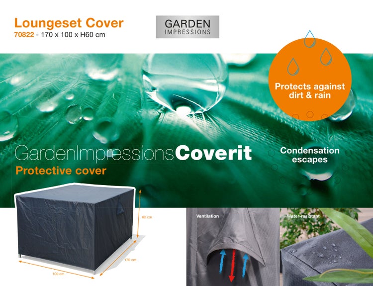 Garden Impressions Logo. Schutzhülle Coverit für Loungemöbel, schützt vor Schmutz und Regen, belüftet, 170 mal 100 mal 60 Zentimeter.